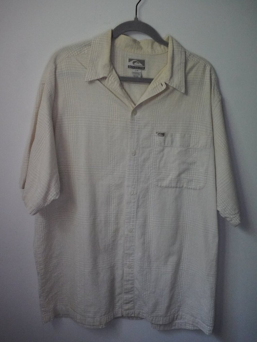 Quicksilver Men's Gingham Creme Short Sleeve Button Up 100% Cotton Size Large